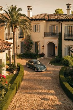 a car is parked in front of a large house with palm trees and shrubs around it