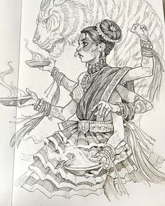 a drawing of a woman with a tiger on her shoulder holding a plate in front of her