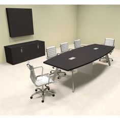 an empty conference room with white chairs and black table