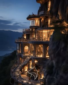 the cliff house is lit up at night with lights on it's balcony and stairs