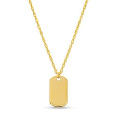 Simple and petite, this engravable dog tag necklace in yellow gold is a charming look you can wear with everything. Crafted in 14K gold This choice features a dainty round-edged dog tag gleaming at the center of a rope chain. Great for layering with other necklaces, chains and pendants This 18.0-inch necklace adjusts to 16.0 inches and secures with a spring-ring clasp. Classic Gold Dog Tag Jewelry, Classic Gold Dog Tag Necklace, Classic Tarnish Resistant Dog Tag Necklace, Classic Tarnish-resistant Dog Tag Jewelry, Yellow Gold Tarnish-resistant Dog Tag Necklace, Gold Tag Necklace, Gold Book, 14k Yellow Gold Necklace, Necklace Clasps