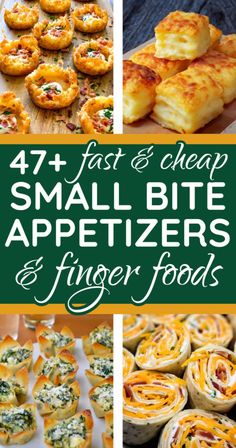 four pictures with different appetizers and finger foods