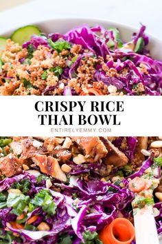 crispy rice thai bowl with chopsticks in it and the title overlay reads crispy rice thai bowl