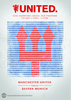 the poster for manchester united versus bayern munchh, which is featured in red and blue