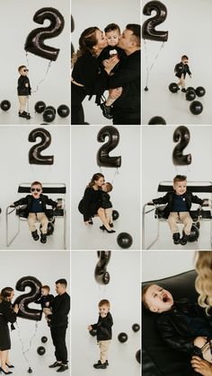 a collage of photos showing two children and one adult with black balloons in the shape of numbers