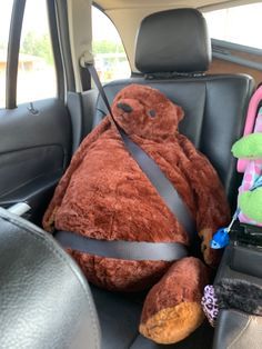 two stuffed animals sit in the back seat of a car, one has a backpack on it