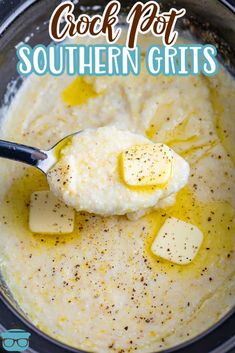 crock pot southern grits recipe in a bowl with a spoon and text overlay