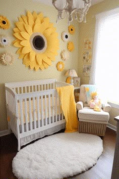 a baby's room decorated in yellow and white with sunflowers on the wall