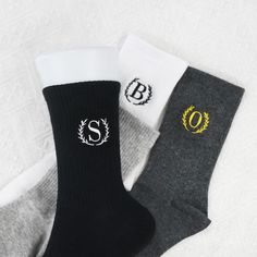 Made from premium-quality materials with thickened cotton soles, they are soft, breathable and available in a variety of colors.  ✨ HOW TO ORDER ✨ 1--Choose the optionals and submit the order 2--Add the custom information in "personalization box" 3--Checkout and the order will procss asap ✨ UNISEX SOCK INFORMATION ✨ One size fits all -- UK 3.5-8.5 / US 4.5-9.5 / EU 34-44 Material-- 82% cotton, 15% polyamide, 3% elastane High quality embroidery using embroidery digitizing technology ✨ FOR ANY OCC Embroidery Socks, Initial Embroidery, Embroidered Socks, Embroidery Digitizing, Custom Socks, Groomsmen Gift, Must Have Items, Dress Socks, Personalized Initials