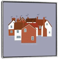 an image of houses with rooftops and chimneys on the top one is red, while the other two are white