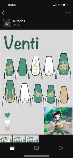 Genshin Acrylic Nails, Venti Nails Design, Venti Nails Genshin, Xiao Inspired Nails, Scaramouche Inspired Nails, Genshin Impact Nails Design Kaeya, Venti Hair Down, Scaramouche Nails Design, Genshin Nail Ideas