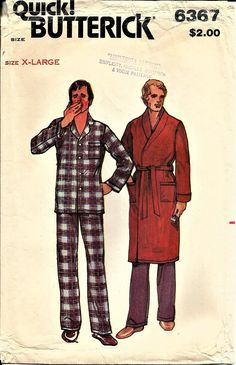 "Butterick 6367 X-large Measurements Chest 46-48\", Waist 42-44\", Hip 47-49\" Description - This is a LOT of pattern and although it says it's a Men's pattern, nothing says you can't make the robe for anyone. In a nice cozy flannel. Or a fluffy white terrycloth.  Also included are pajamas, the top has a nice notched collar and the pants even have a mock fly front, although you could omit it to make the sewing even easier.  Check out my shop's vintage buttons to complete your sewing - https://www.etsy.com/shop/Sheworethedressagain?ref=seller-platform-mcnav&section_id=29996567  Men's Pajamas and Robe. Loose fitting pajama top has front buttoned closing, shaped notched collar and lapels, full length straight sleeves and patch pocket. Straight legged pajama pants have elasticized waistline an Mens Flannel Pajamas, Terry Cloth Robe, Men's Pajamas, Mens Nightwear, Butterick Pattern, Paper Sewing Patterns, Butterick Sewing Pattern, Button Front Top, Cozy Flannel