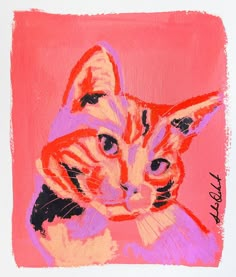 a painting of a cat on a pink background