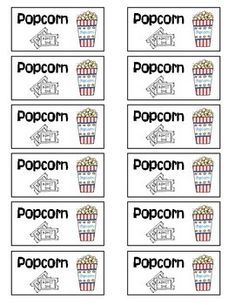 popcorn name tags with the words popcorn in black and white text on each one side