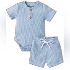 Comfortable And Breathable: 2 Piece Made Of Comfortable Ribbed Cotton Fabric, Breathable, Sweat-Absorbent, Comfortable, Soft, Great Elasticity, Caring For The Healthy Growth Of Yourbaby . Advanced Solid Color: Baby Summer Clothes, Fashionable Solid Light Blue Color,Comfortable Ribbedshort-Sleeved Shirt With Buttons, Easy To Change Diapers High-Elastic Shorts , Soft Cotton Material, Make The Baby More Cute And Eye-Catching. Bodysuit And Shorts, Summer Newborn, Baby Boy Summer, Set Outfits, Boys Summer Outfits, Short Sleeve Romper, Knitted Romper, Girls Summer Outfits, Clothes Set