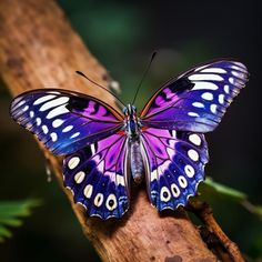 a blue and purple butterfly sitting on top of a wooden branch