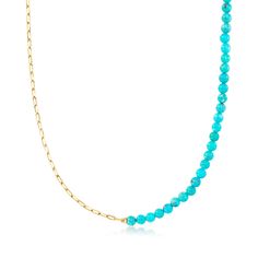 Ross-Simons - 4-4.5mm Turquoise Bead, 14kt Yellow Gold Paper Clip Link Necklace. 16". RS Pure. Modern designs that complete your outfit and complement your personality. Our hybrid necklace is an understated take on a high-impact style. The simple strand splits evenly between dainty 4-4.5mm stabilized turquoise beads and 14kt yellow gold paper clip links. Includes 2" extender. Springring clasp, turquoise bead paper clip link necklace. Gold Paper, Stone Cuts, Fine Jewellery Necklace, Turquoise Beads, Link Necklace, Paper Clip, Turquoise Stone, Stone Color, Jewelry Necklace Pendant