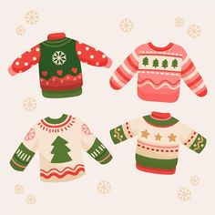 three sweaters with christmas trees on them and snowflakes around the neckline