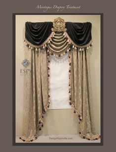 an ornate window curtain with black and gold trim