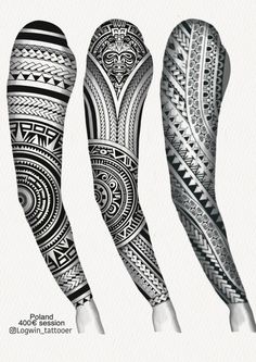 three different types of leg sleeves with designs on each side and the words, polynesian tattoo