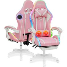 a pink gaming chair with lights on the back and armrests, sitting in front of a white background