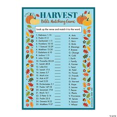 the harvest table game with pumpkins, leaves and words on blue paper that says harvest