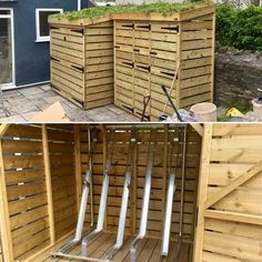 two pictures side by side showing the inside and outside of a wooden storage shed with grass growing on top