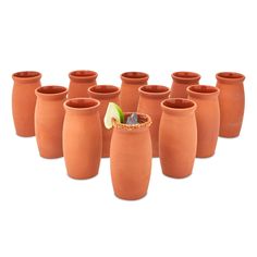 there are many clay vases with one apple in the middle and six on each side