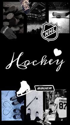 an image of hockey collage with the word hockey in white and black on it