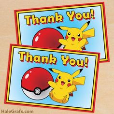 two pokemon thank you cards with pikachu and pokeball