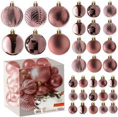 christmas ornaments are shown in pink and gold colors, including bauble ornament