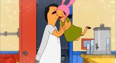 a cartoon character is holding a woman in his arms and kissing her face with the other hand