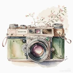 a watercolor painting of an old fashioned camera with flowers on it's side