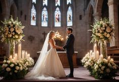 a bride and groom standing at the alter in front of candles during their wedding ceremony