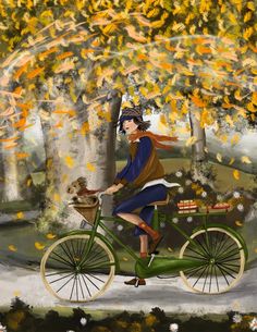 a painting of a woman riding a bike