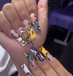 Boondocks Nails, Yellow Fall Nails Design, Long Live Tattoo Black People, Kaws Nails, Cutesy Nails, Jersey Nails, Hard Nails