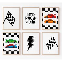 four framed art pieces with cars and checkered flags in black, white, and green