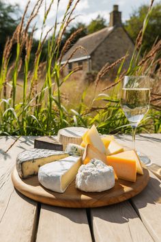 a wooden plate topped with cheese and wine on top of a picnic table next to tall grass