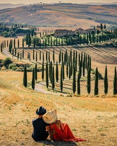 a man and woman sitting on top of a grass covered field next to trees in the distance