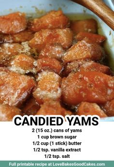 a recipe for candied yams in a bowl