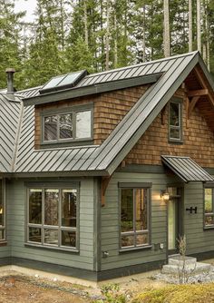 a house with a metal roof in the woods