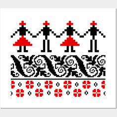 a cross stitch pattern with three people holding hands and the word love spelled in red