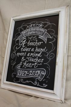 a chalkboard sign is hanging on the wall in front of a white framed frame