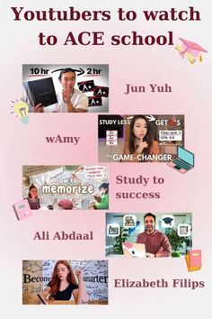 a pink poster with images of people and words that say youtubebers to watch to ace school