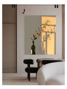 a vase filled with flowers sitting on top of a table next to a white chair