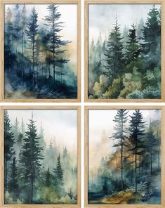 four watercolor paintings of trees in the woods