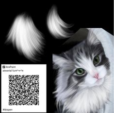 a white and black cat with green eyes looking at the camera, next to a qr code