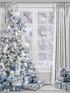 Winter Wonderland Silver and Blue Christmas Photography Backdrop - Elegant silver and blue Christmas tree with wrapped presents and a snowy landscape visible through a window. Christmas Centerpieces Blue And Silver, Silver White Blue Christmas Tree, Powder Blue Christmas Tree, White Silver Light Blue Christmas Tree, Winter Wonderland Sneaker Ball, Winter Wonderland Christmas Trees, Winter Wonderland Christmas Theme Decor, Winter Wonderland Tree Christmas, Icy Blue Christmas Tree