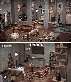 two pictures of a living room with couches, chairs and other furniture in it