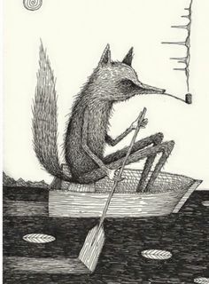 a drawing of a fox in a row boat